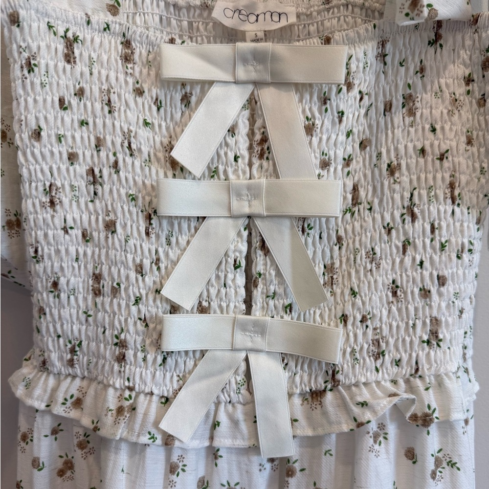 Boutique Cream Floral Smocked Tiered Maxi Dress | Bow Straps | Size Small - Picture 6 of 7